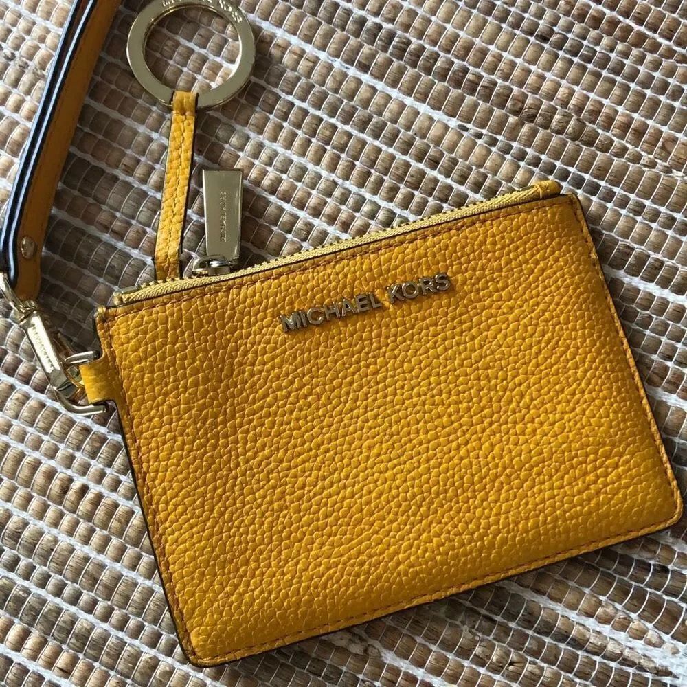 Michael Kors, mustard, pebbled, leather wristlet, credit card, keychain, wallet